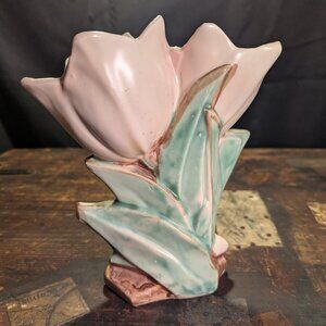 Vintage 1940s McCoy Double Tulip Vase - in Pale Pink, Green, Brown